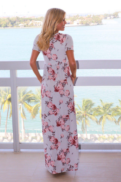 Gray and Pink Floral Maxi Dress with Short Sleeves