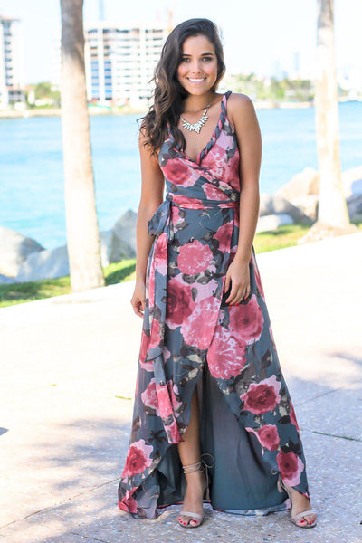 Gray and Pink Floral Wrap Dress