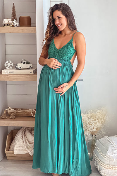 Green Crochet Top Maternity Maxi Dress with Frayed Hem