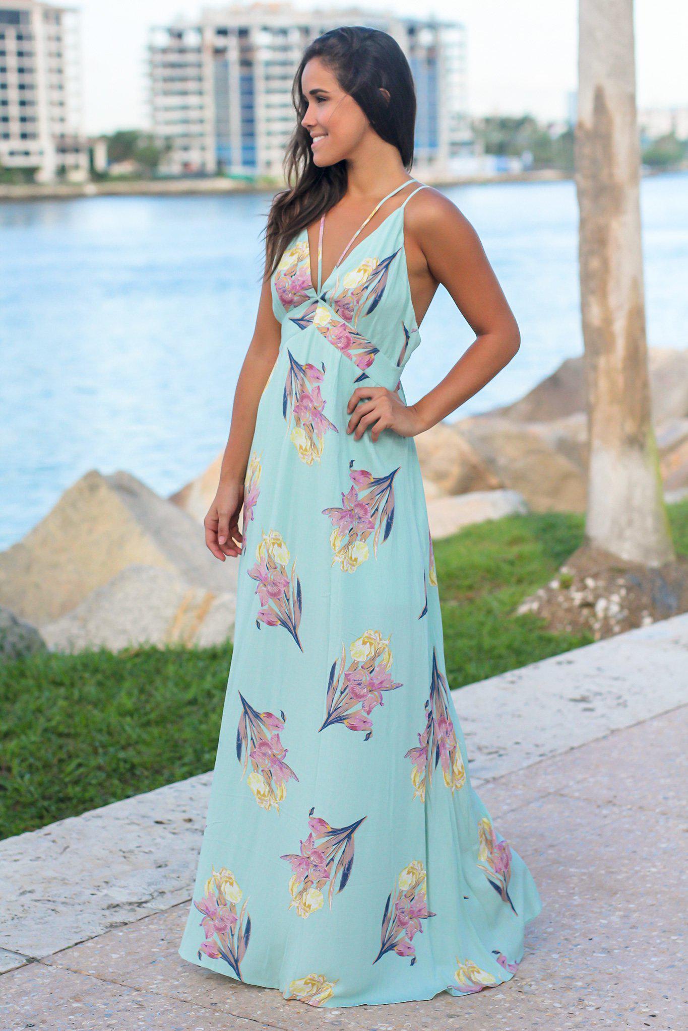 Green Floral Maxi Dress with Criss Cross Back