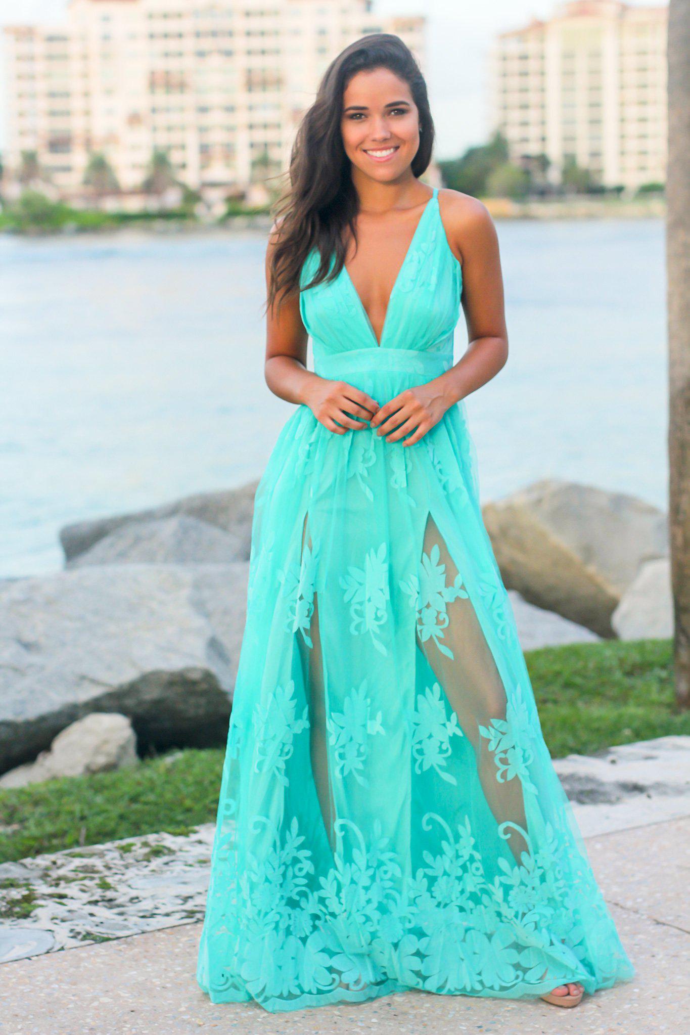 Green Floral Tulle Maxi Dress with Criss Cross Back