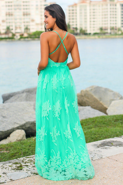 Green Floral Tulle Maxi Dress with Criss Cross Back
