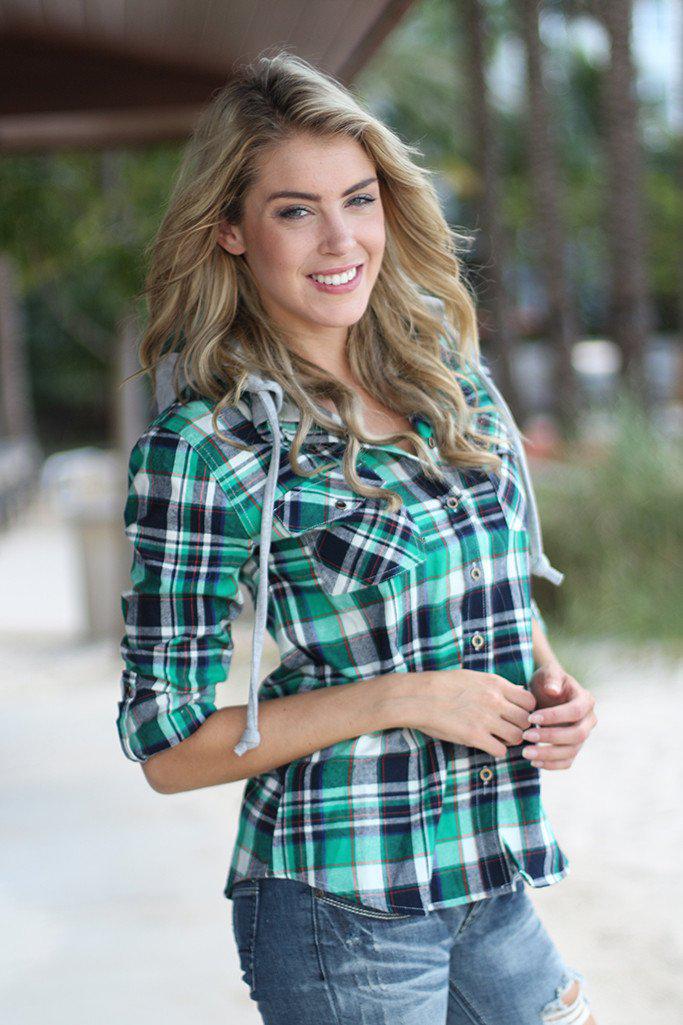 Green Plaid Hooded Top