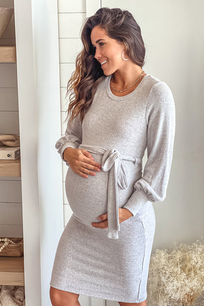 Heather Gray Maternity Sweater Dress with Long Sleeve and Belt