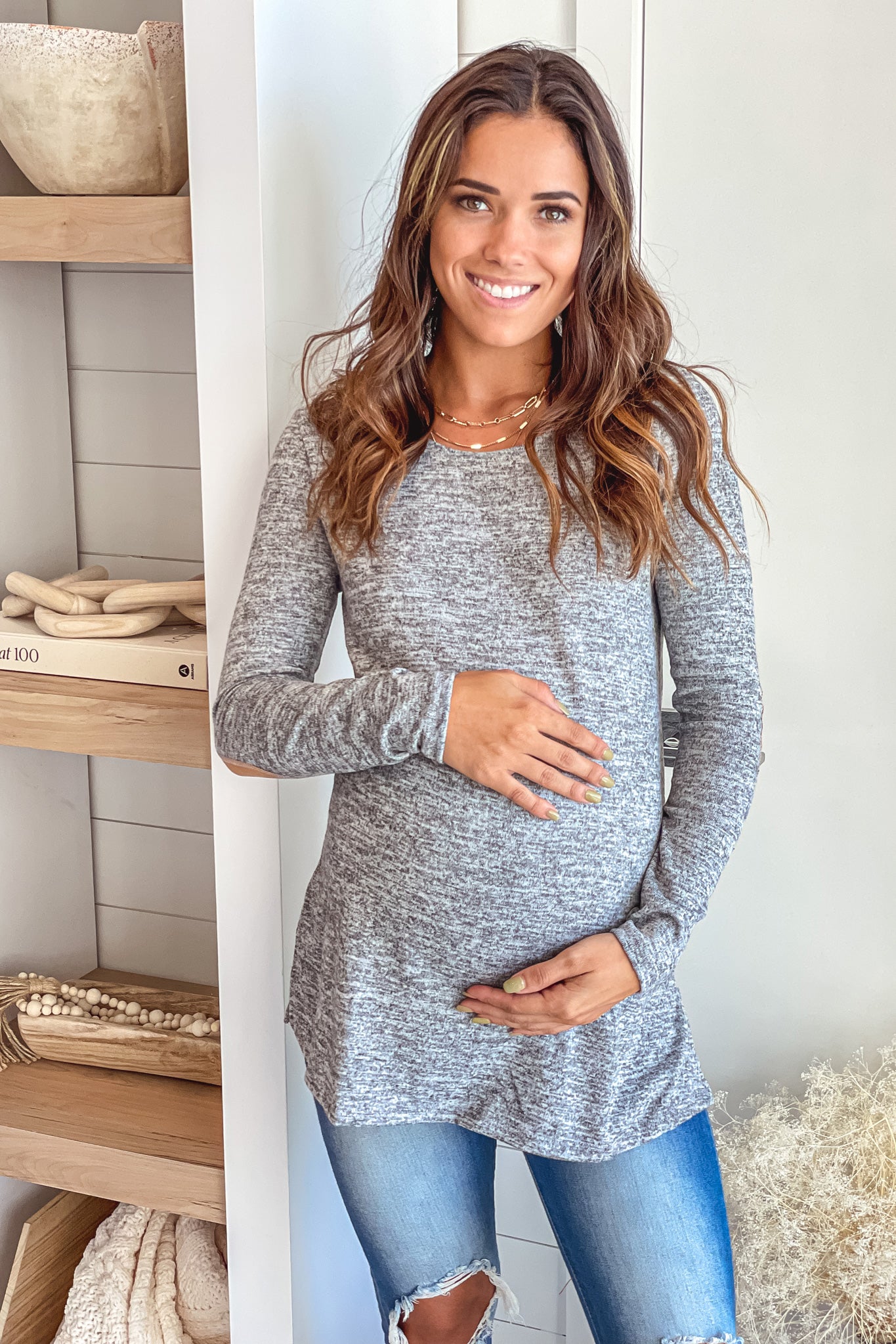 Heather Gray Maternity Top with Long Sleeve and Elbow Patches