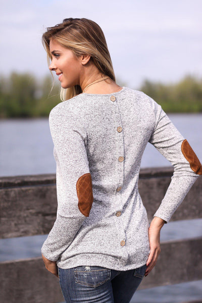 Heather Gray Top with Elbow Patches and Back Buttons