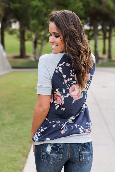 Heather Gray and Navy Floral Top