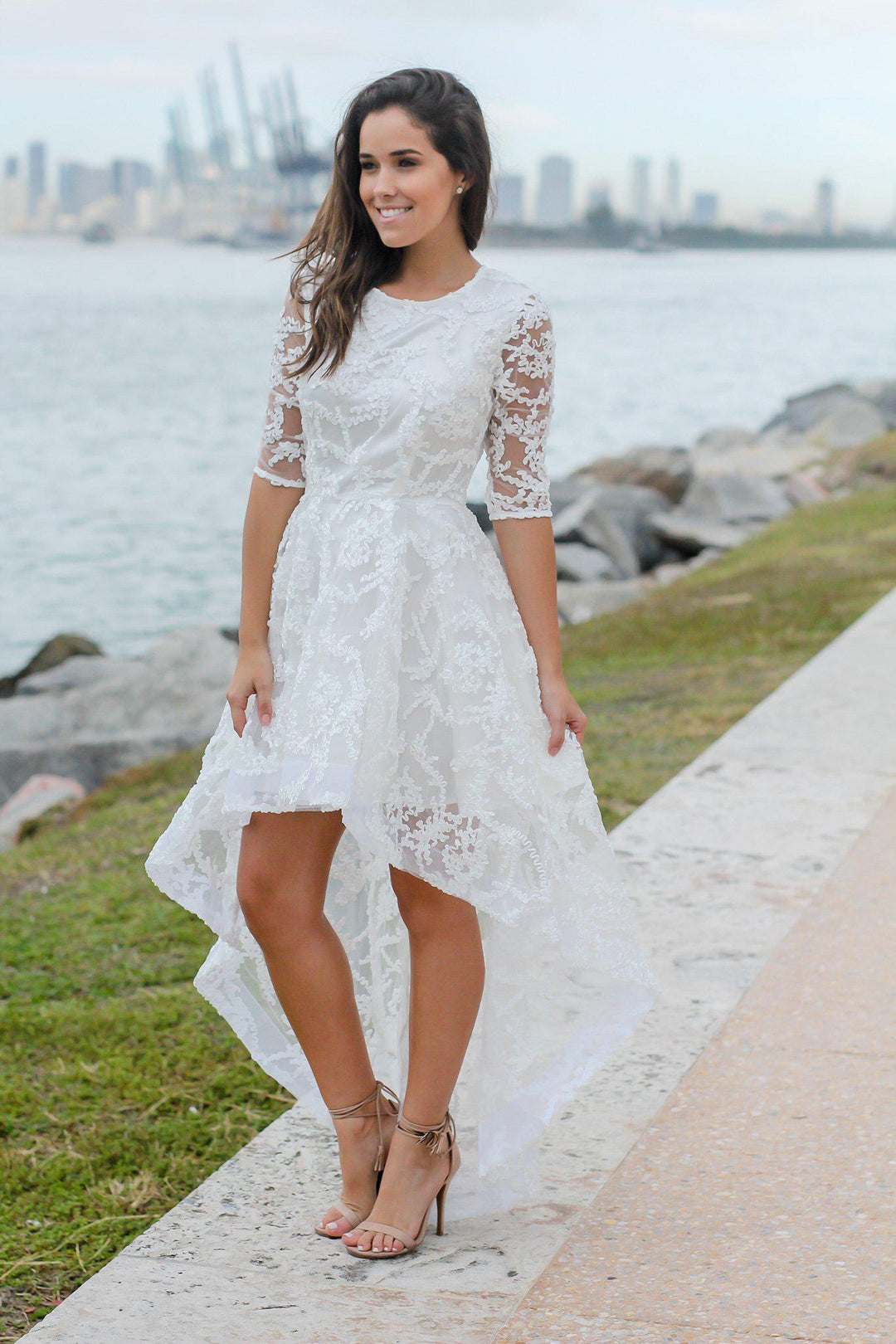 chinese dress ladies Lace Short Sleeve High Low Dress main image 1