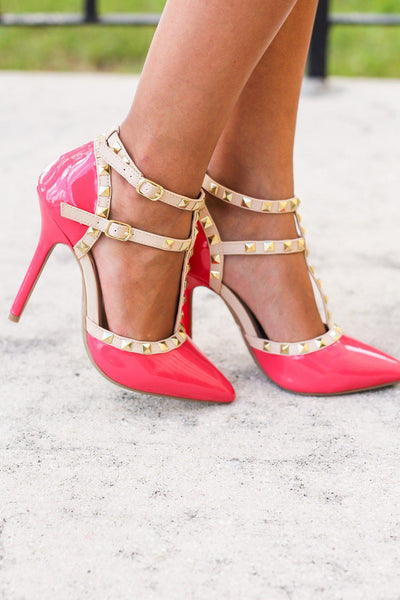 Hot Coral Studded Strappy Heels