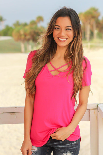 Hot Pink Criss Cross Top with Short Sleeves