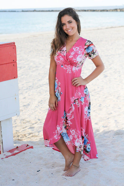 Hot Pink Floral High Low Dress