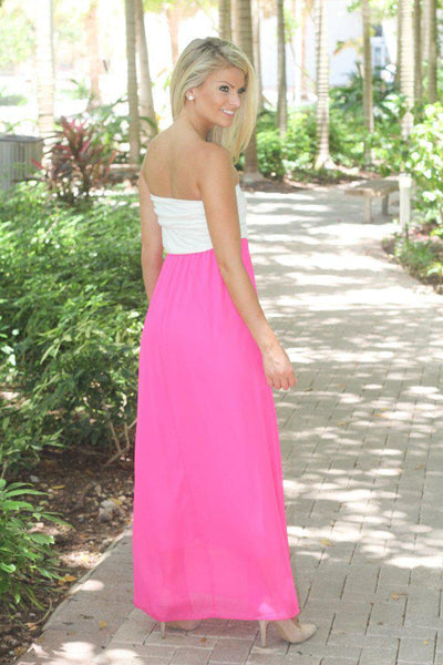 White And Hot Pink Strapless Maxi Dress