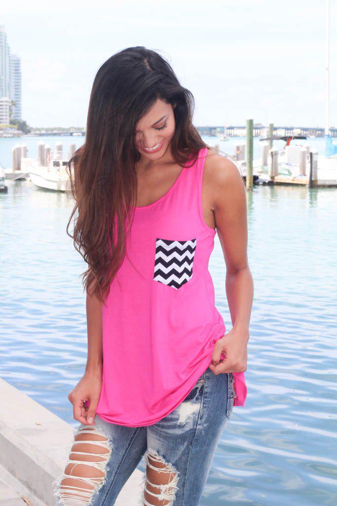 Hot Pink Tunic Top With Chevron Pocket