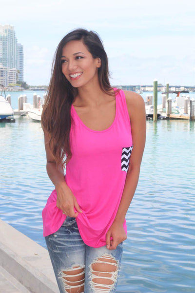 Hot Pink Tunic Top With Chevron Pocket