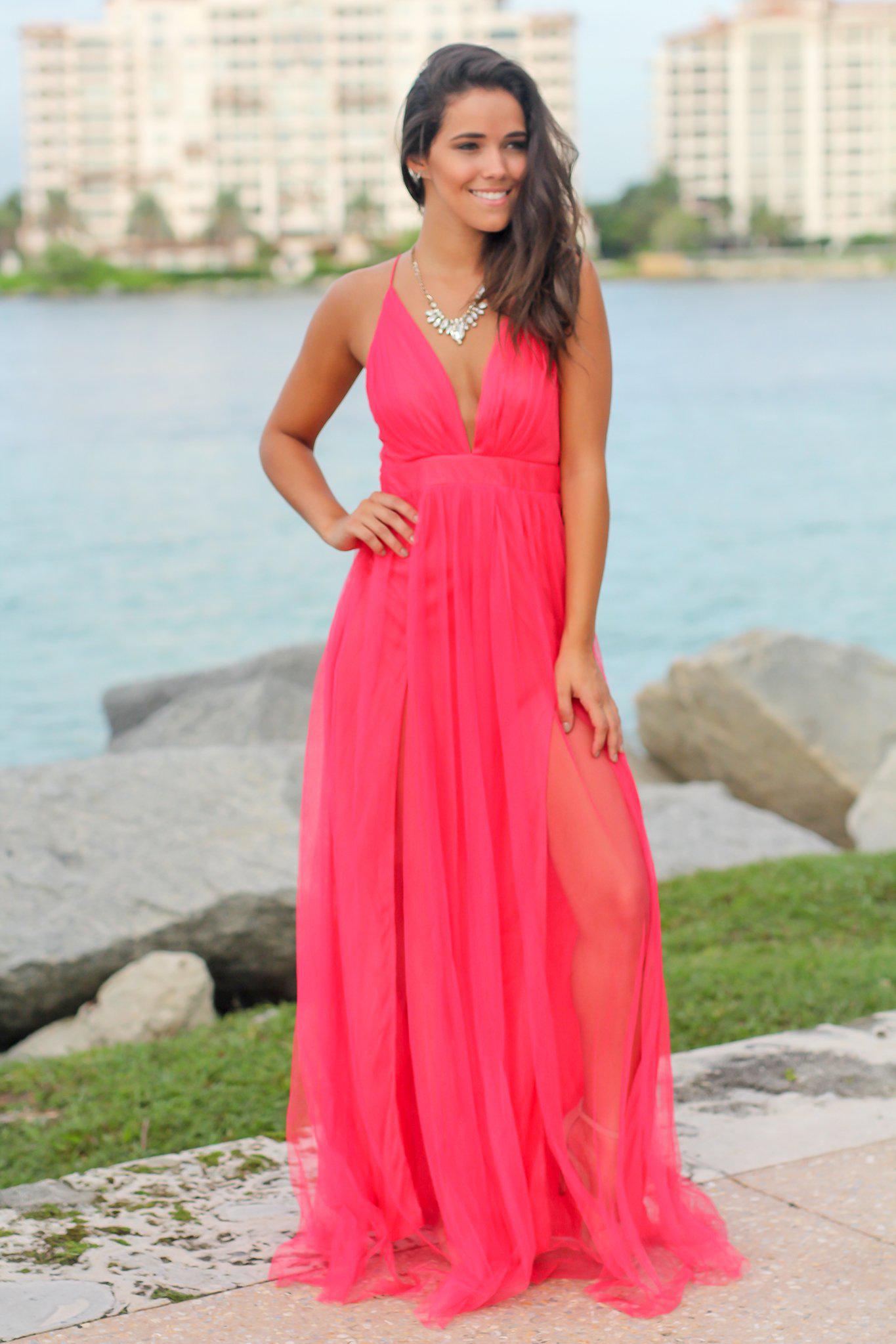 Hot Pink V-Neck Tulle Maxi Dress with Criss Cross Back