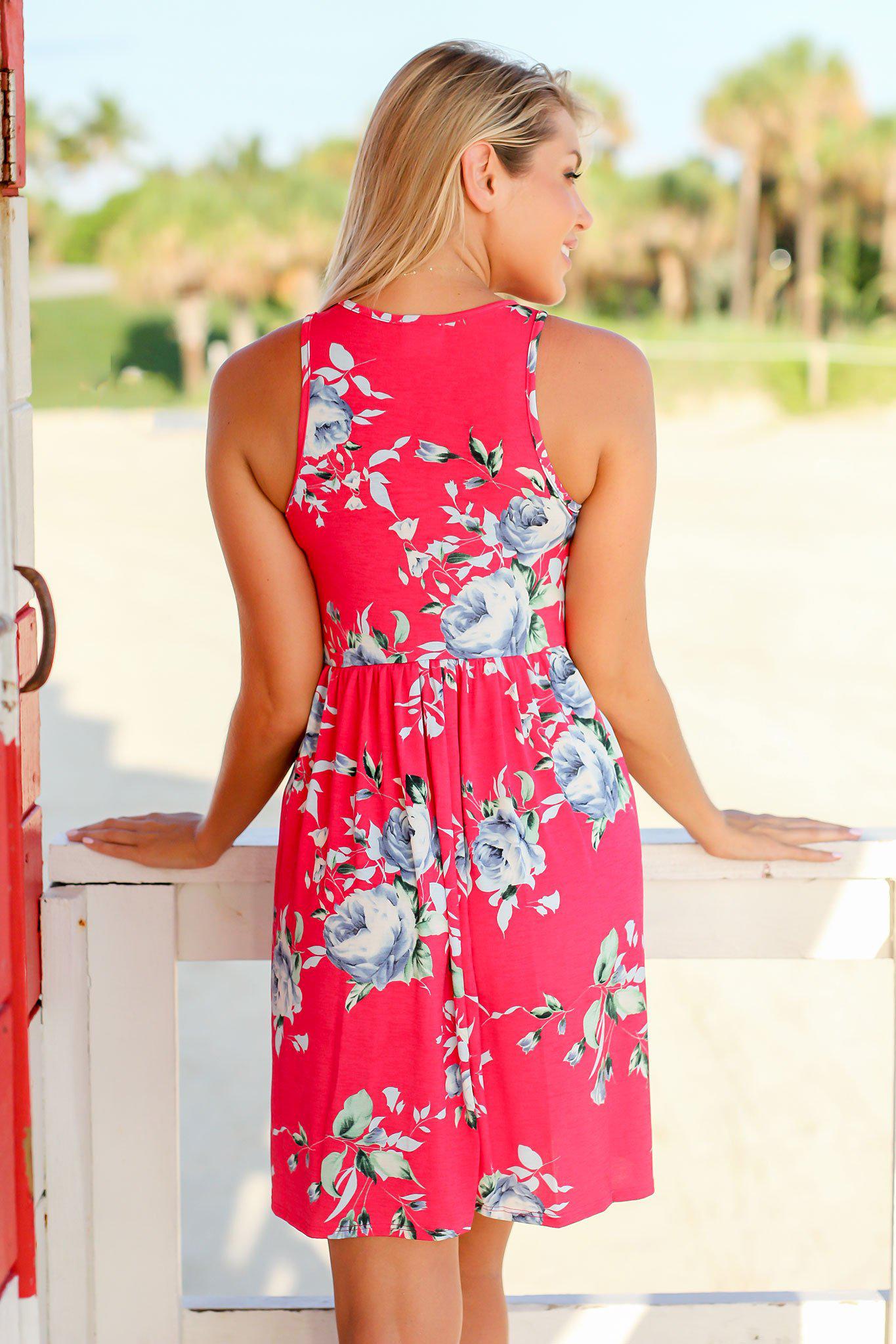 Hot Pink and Blue Floral Short Dress