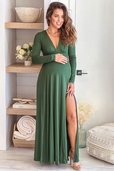 Hunter Green Maternity Maxi Dress with Long Sleeves
