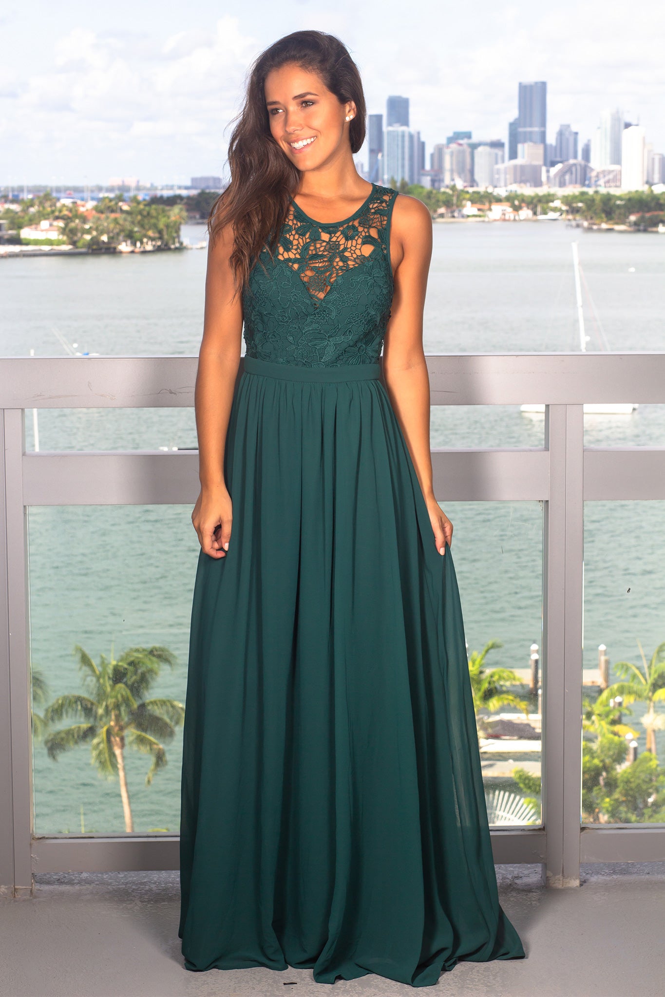Hunter Green Crochet Maxi Dress with Open Back | Bridesmaid Dresses ...