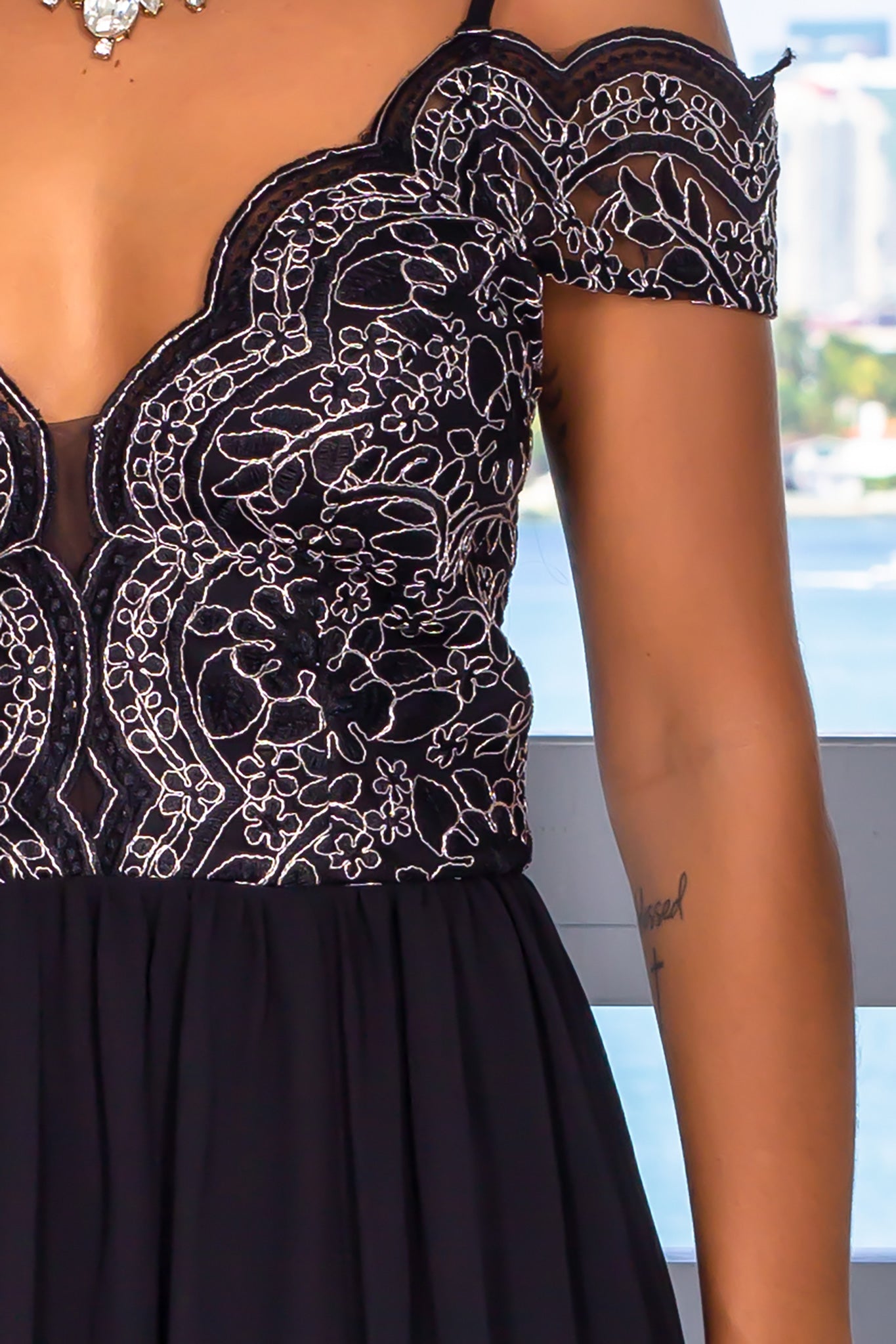 Black Off Shoulder Embroidered Maxi Dress with Side Slit
