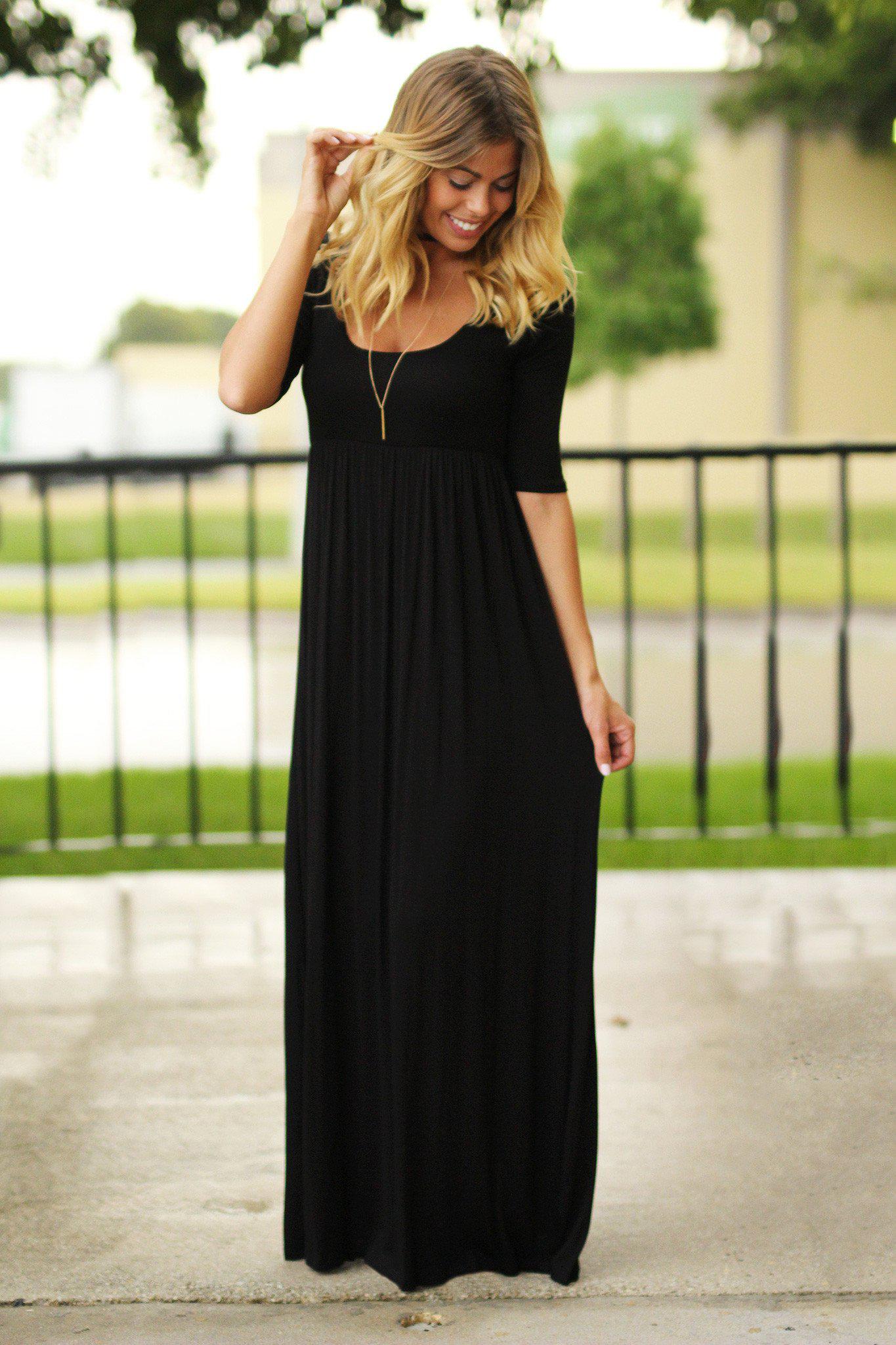 Black Maxi Dress with 3/4 Sleeves Black Long Dress Casual Maxi
