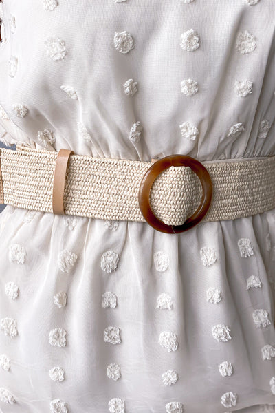 Ivory Woven Straw Belt with Brown Circle Bluckle
