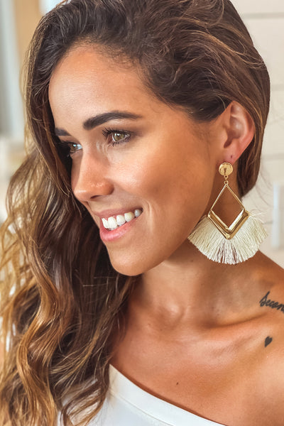 Gold Statement Earrings with Cream Tassel