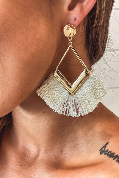 Gold Statement Earrings with Cream Tassel