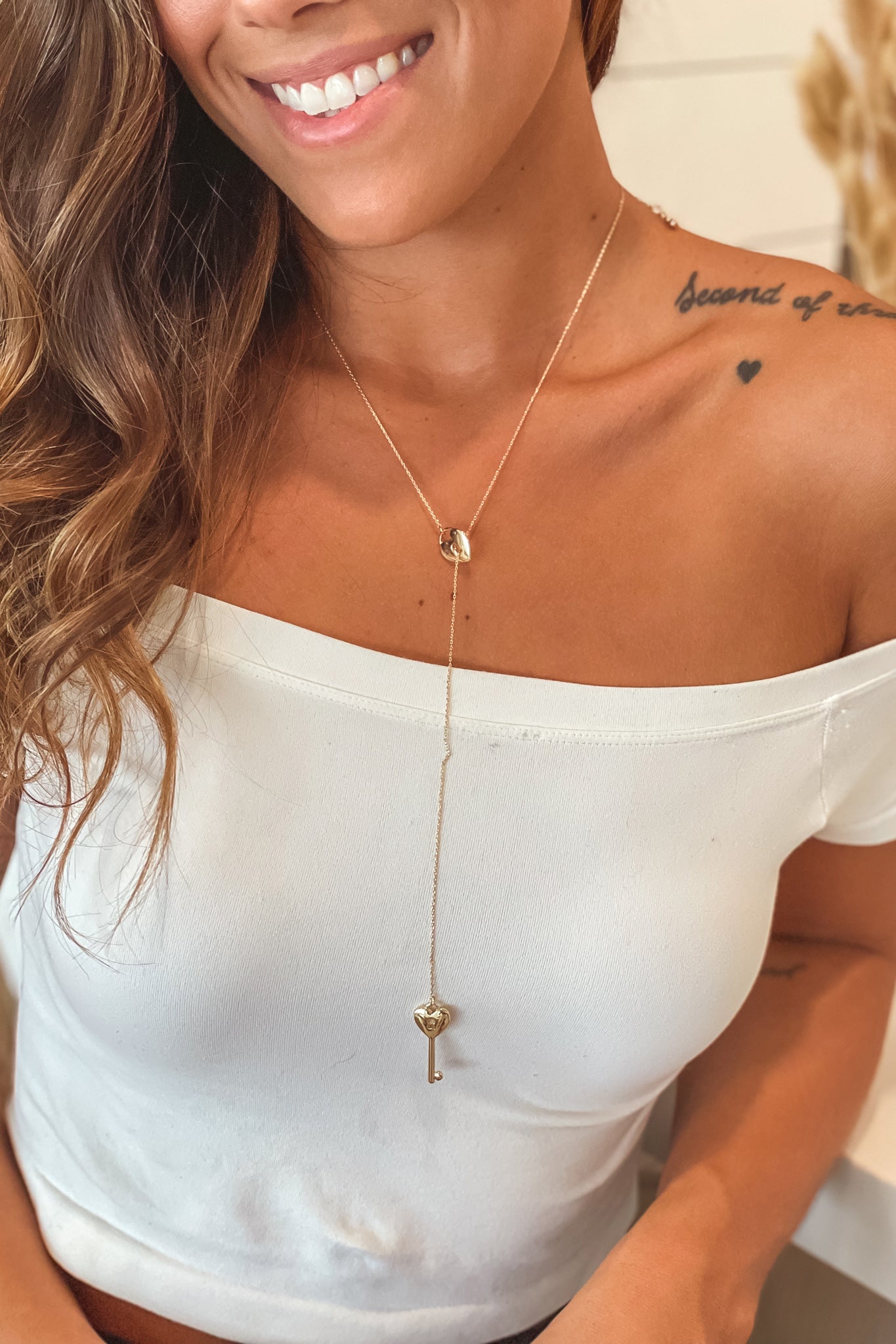 Gold Necklace with Heart and Key Pendant