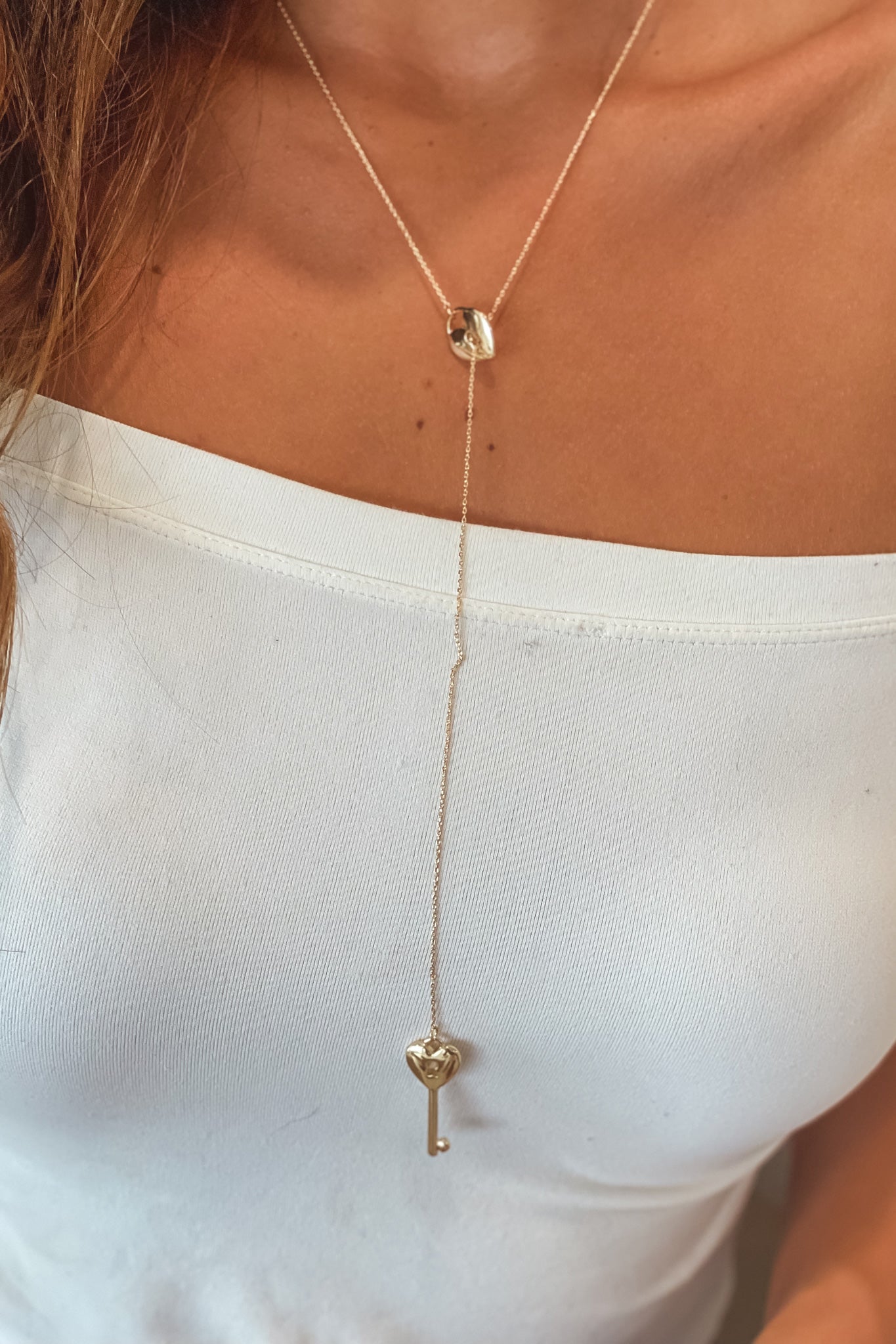 Gold Necklace with Heart and Key Pendant