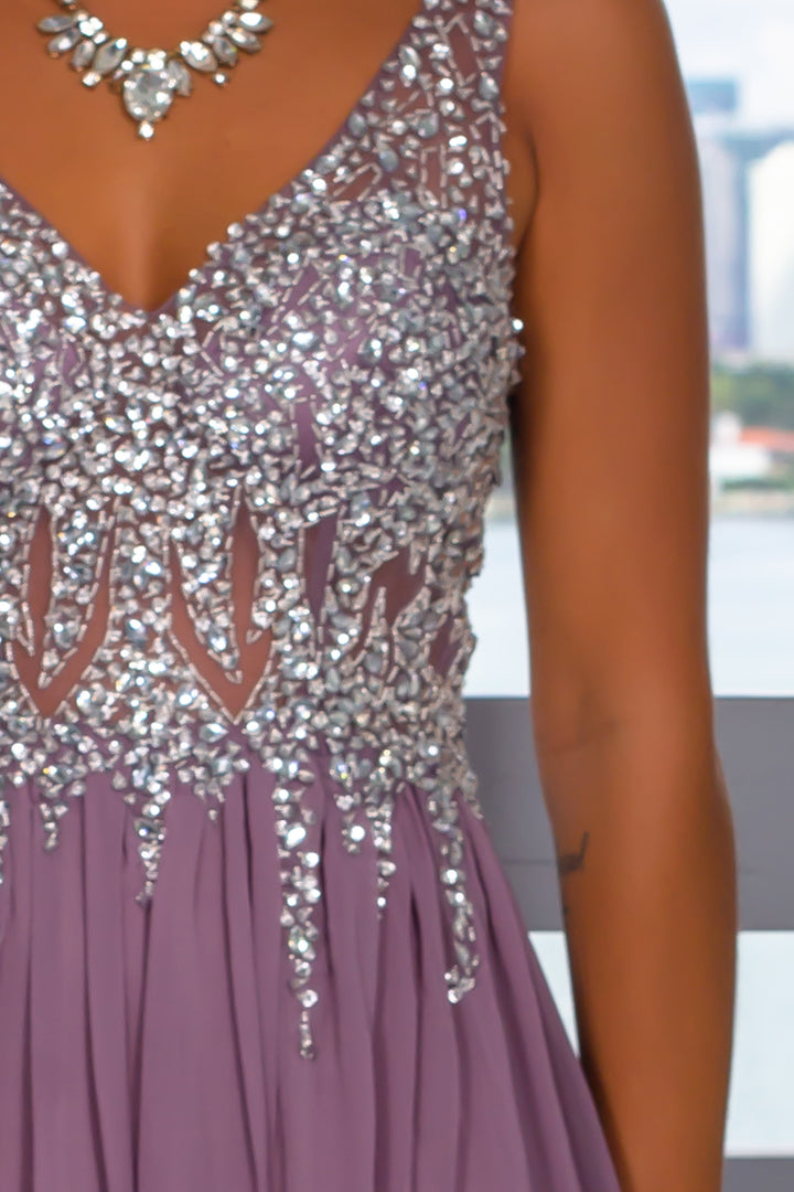 beautiful escape sequin maxi dress - mauve Mauve Jeweled Top Maxi Dress with Side Slit