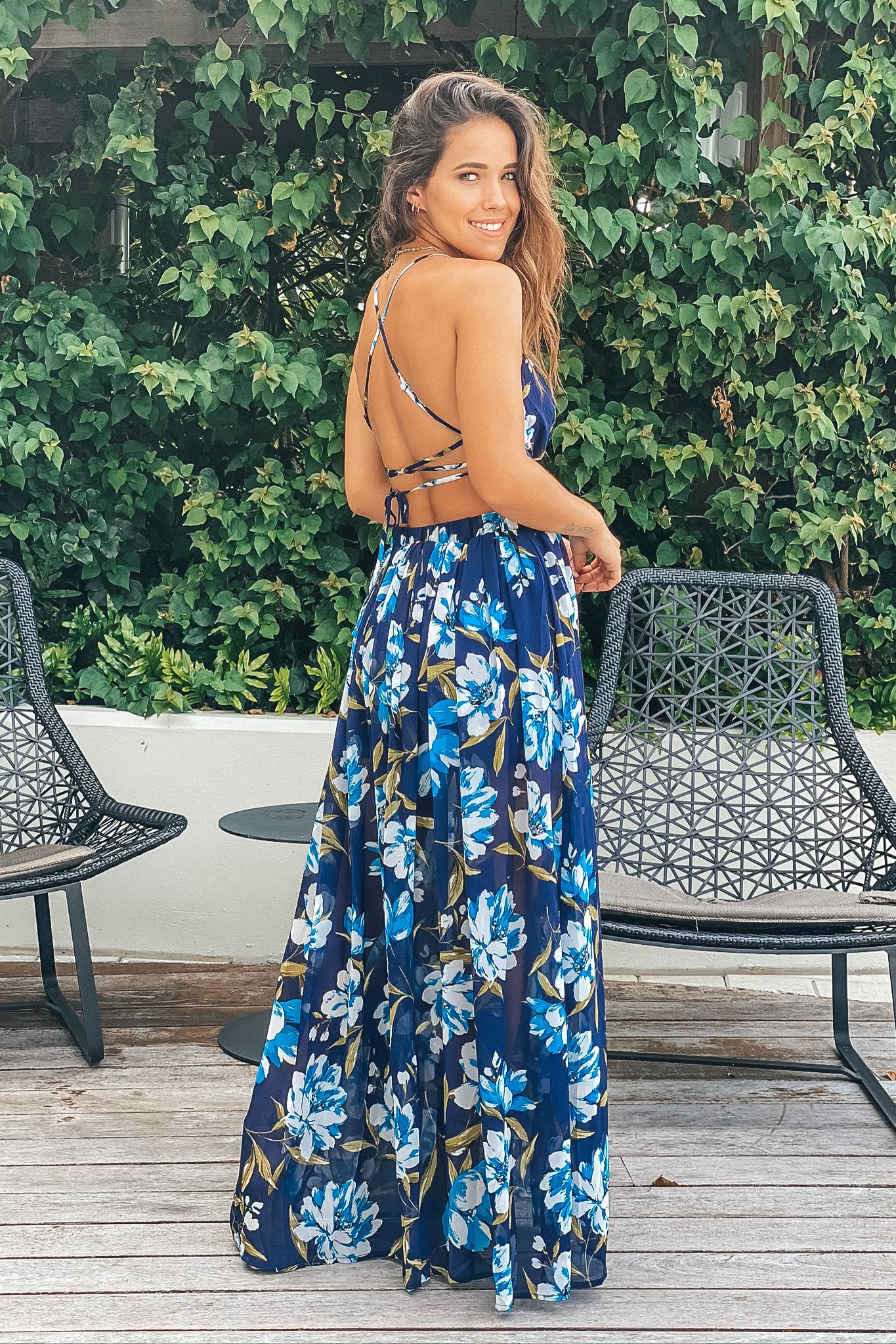 Navy And Ivory Floral Maxi Dress with Slits