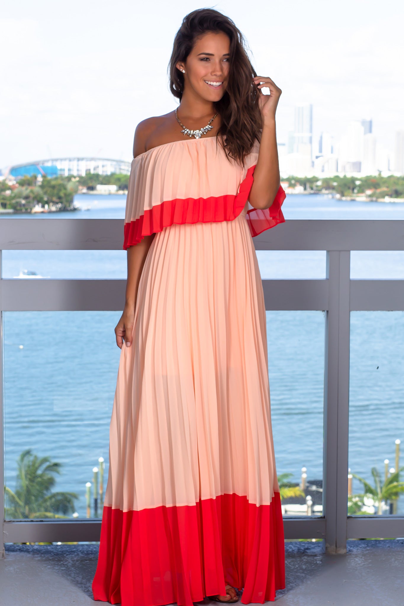 Peach Off Shoulder Pleated Maxi Dress | Maxi Dresses Saved by the Dress Peach Off Shoulder Pleated Maxi Dress | Maxi Dresses Saved by the Dress