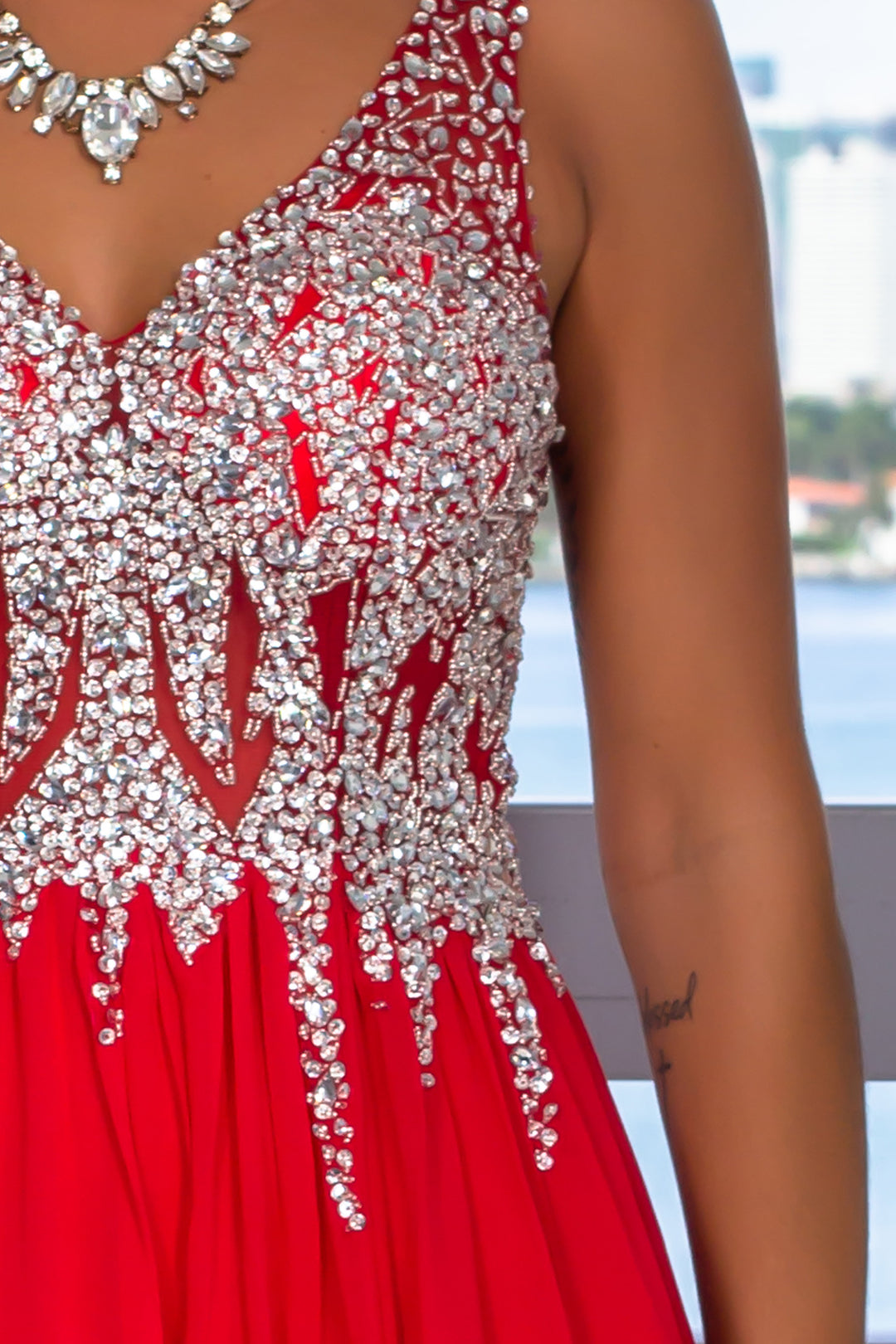 embellished side split maxi dress in red Red Jeweled Top Maxi Dress with Side Slit