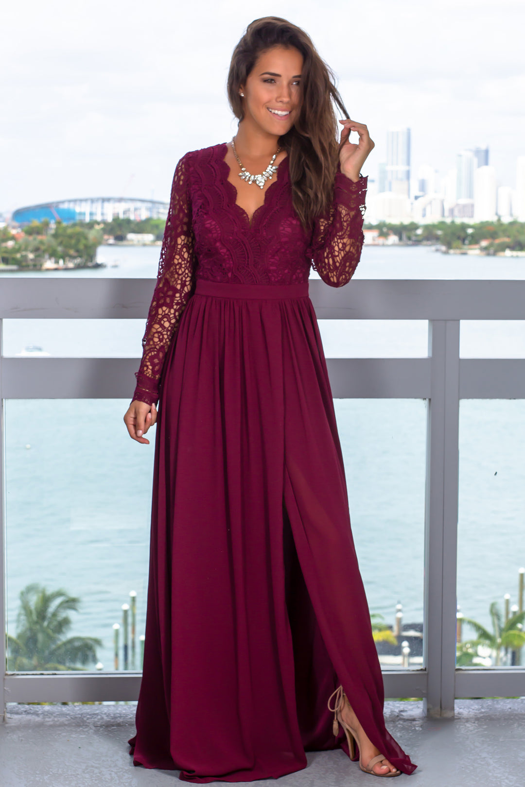 Burgundy Maxi Dress with Long Sleeves | Maxi Dresses Saved by the Dress Burgundy Maxi Dress with Long Sleeves | Maxi Dresses Saved by the Dress