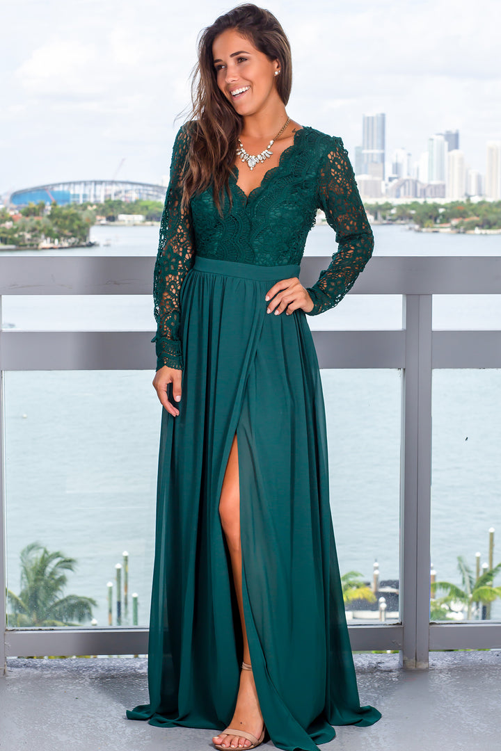 forest green lace maxi dress Azazie Forest Green Long Sleeve A-Line Evening Dress / Gown