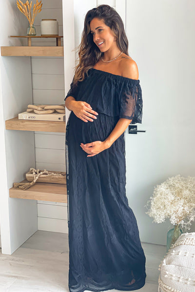 Black Lace Off Shoulder Maternity Maxi Dress