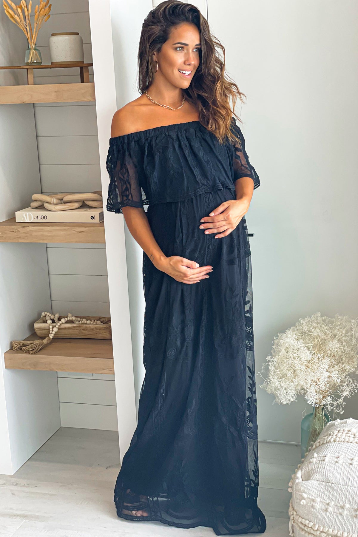 black lace off the shoulder maternity dress Black Lace Smocked Long Sleeve Off Shoulder Maternity Maxi Dress