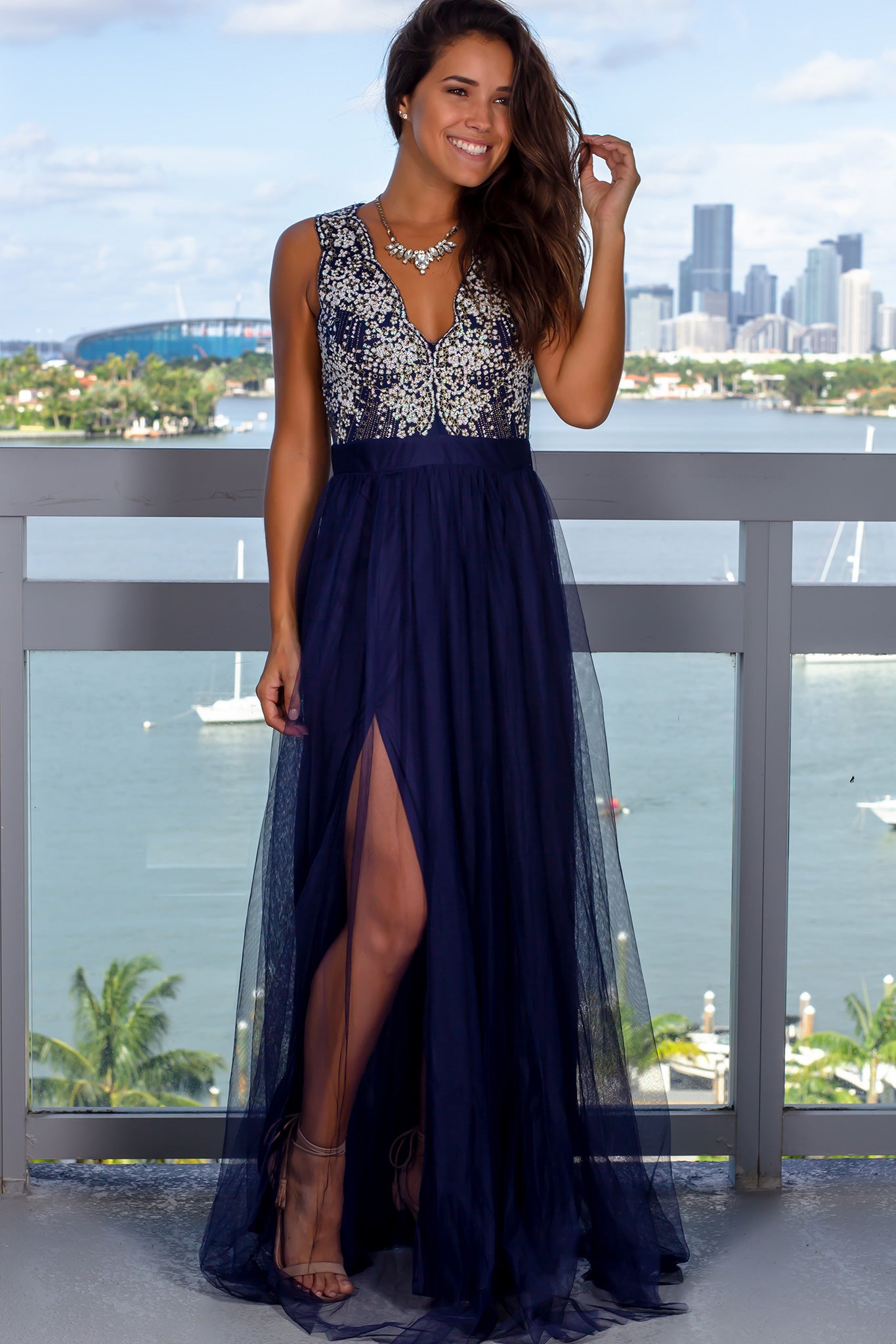 Navy Glitter Top Maxi Dress with Tulle | Maxi Dresses – Saved by the Dress