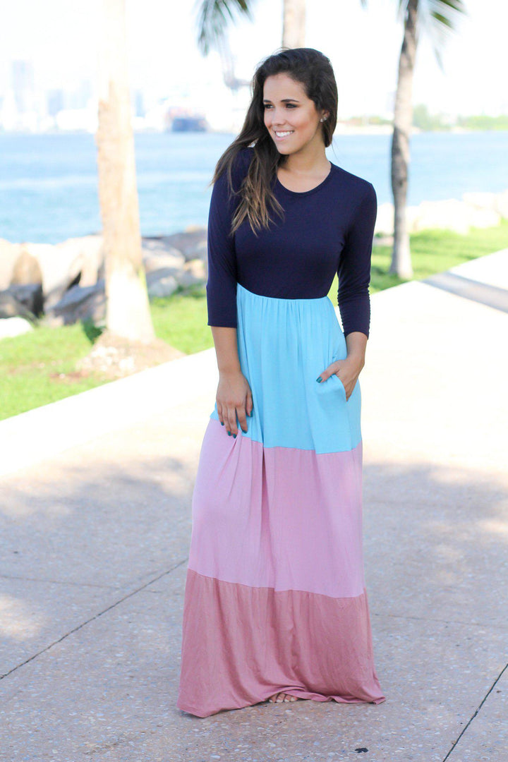 Navy and Mauve Color Block Long Sleeve Maxi Dress