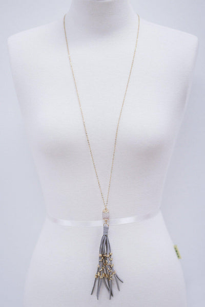 Gold and Gray Tassel Necklace with Clear Stone