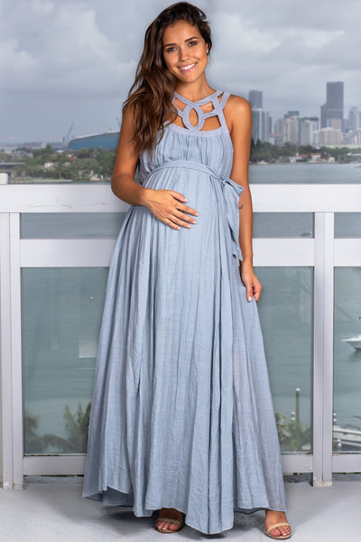 Dusty Blue Maxi Dress with Cut Out Detail