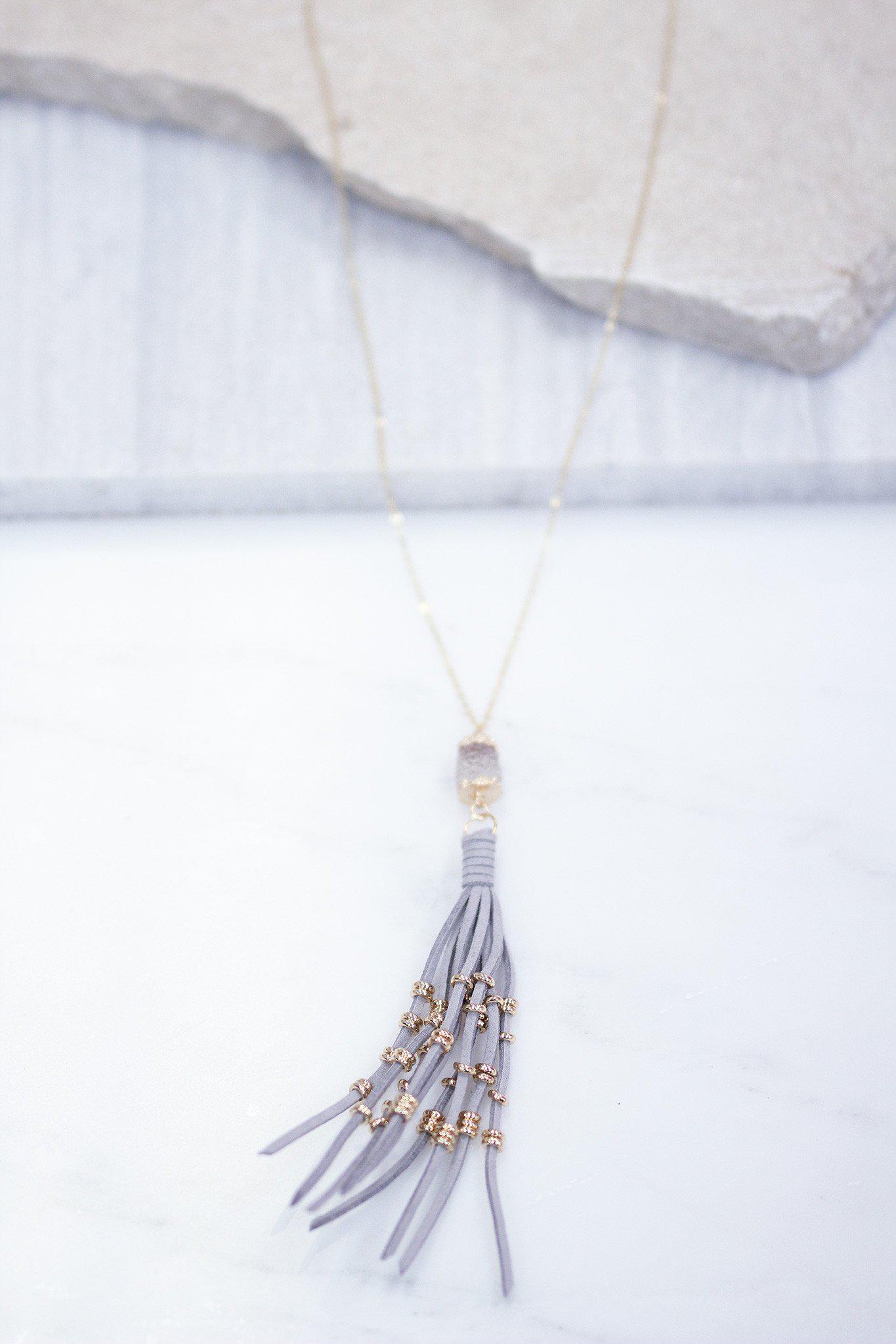 Gold and Gray Tassel Necklace with Clear Stone