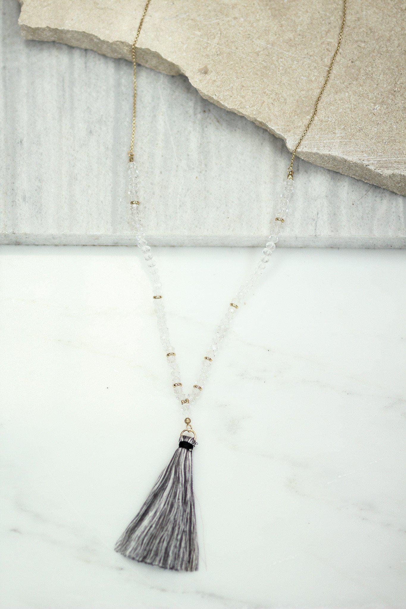 Clear Beaded Tassel Necklace