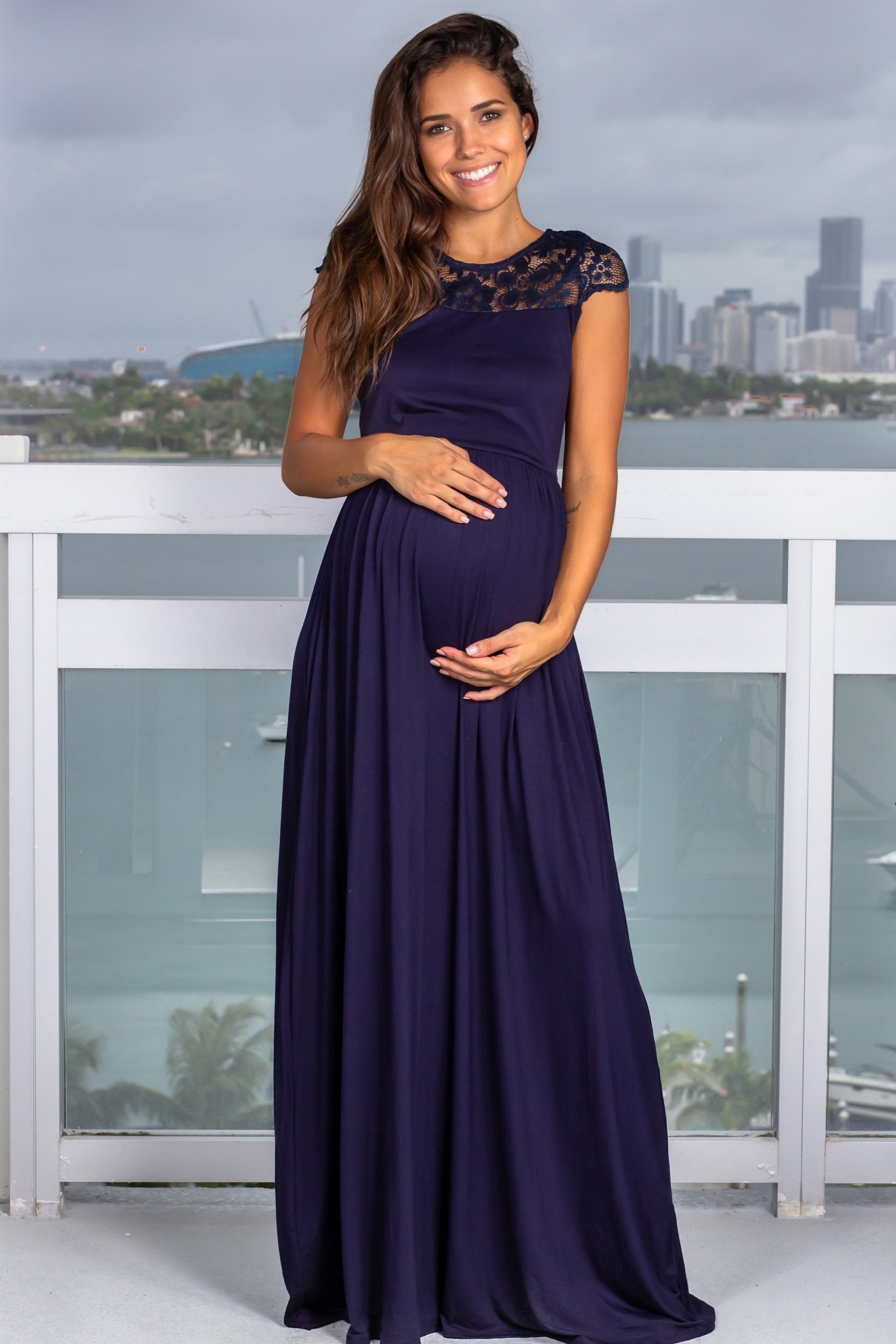 Navy Lace Top Maternity Maxi Dress