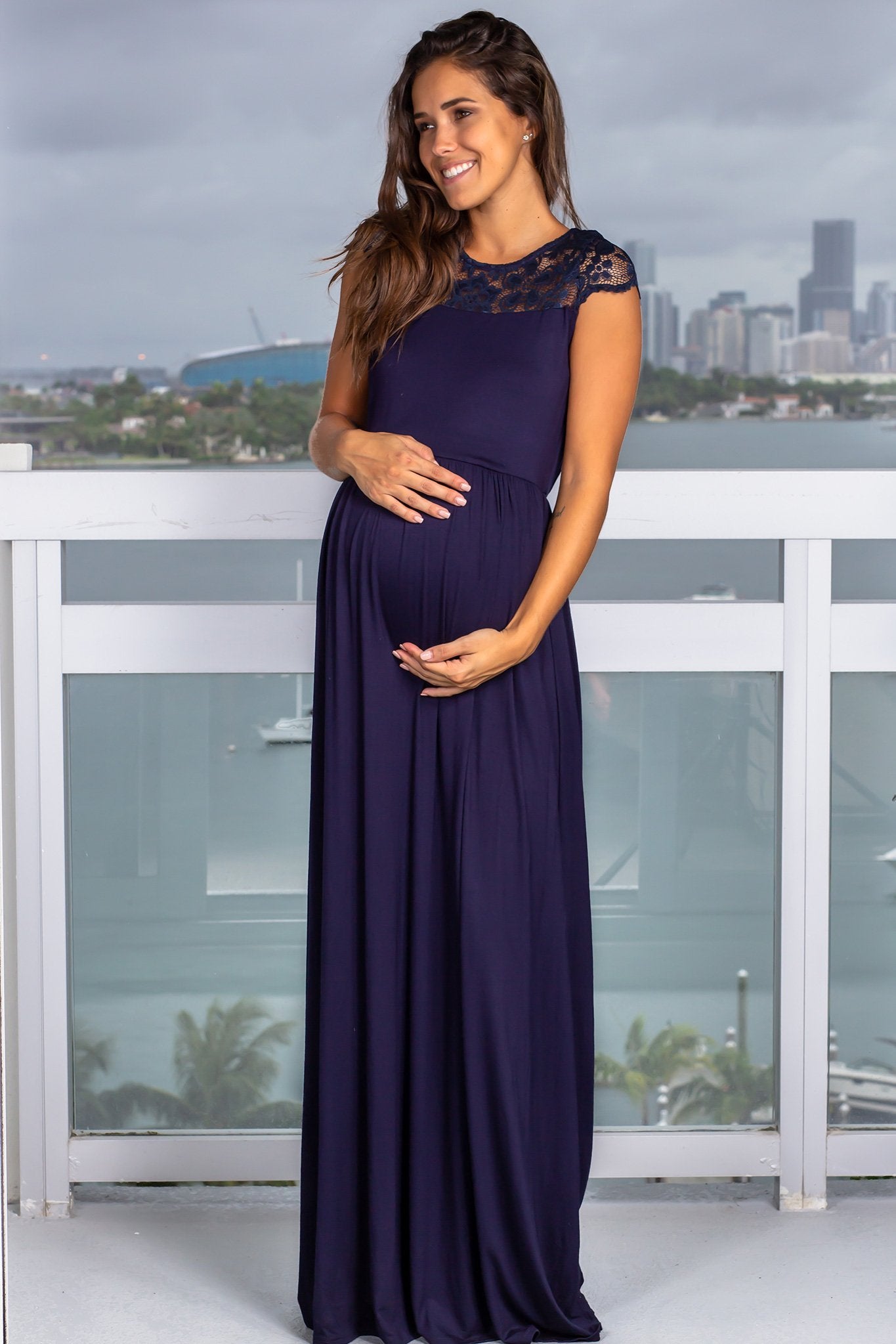 Navy Lace Top Maternity Maxi Dress