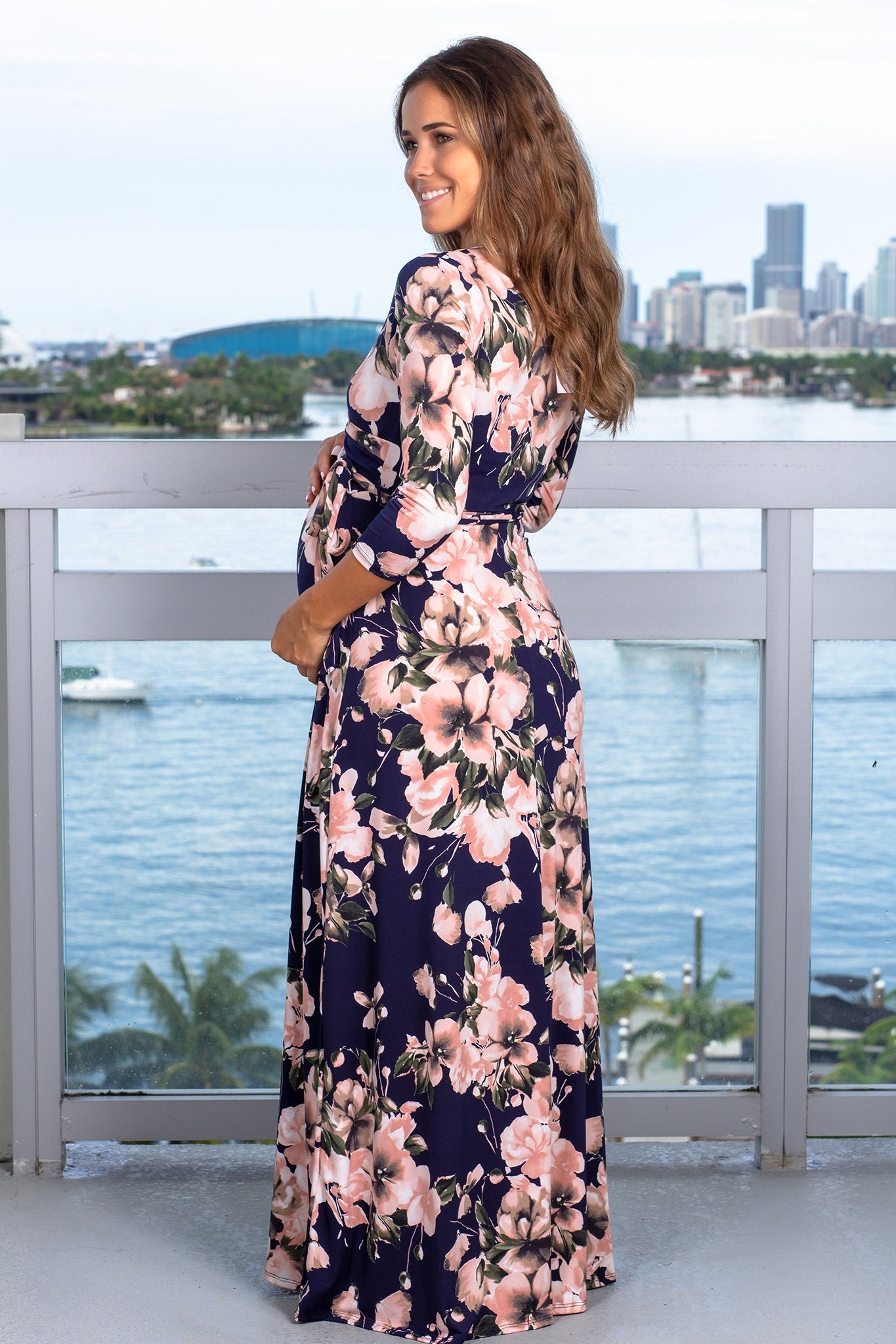 Navy Floral Maternity Maxi Dress with Tie Back