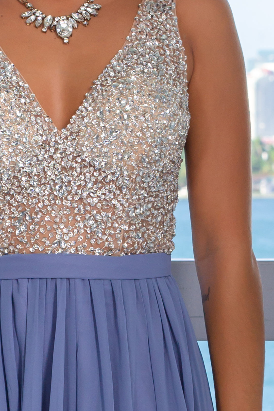 Slate Blue Maxi Dress with Silver Jewels