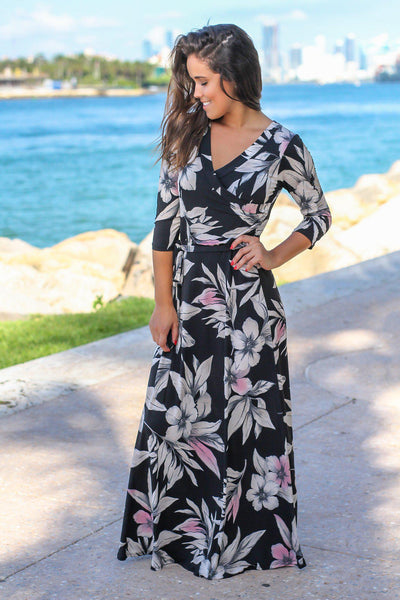 black floral wrap maxi dress with 3/4 sleeves