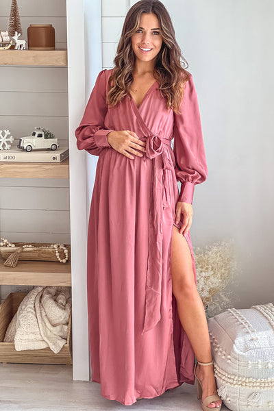 Dusty Mauve Satin Maternity Maxi Dress with Puff Sleeves