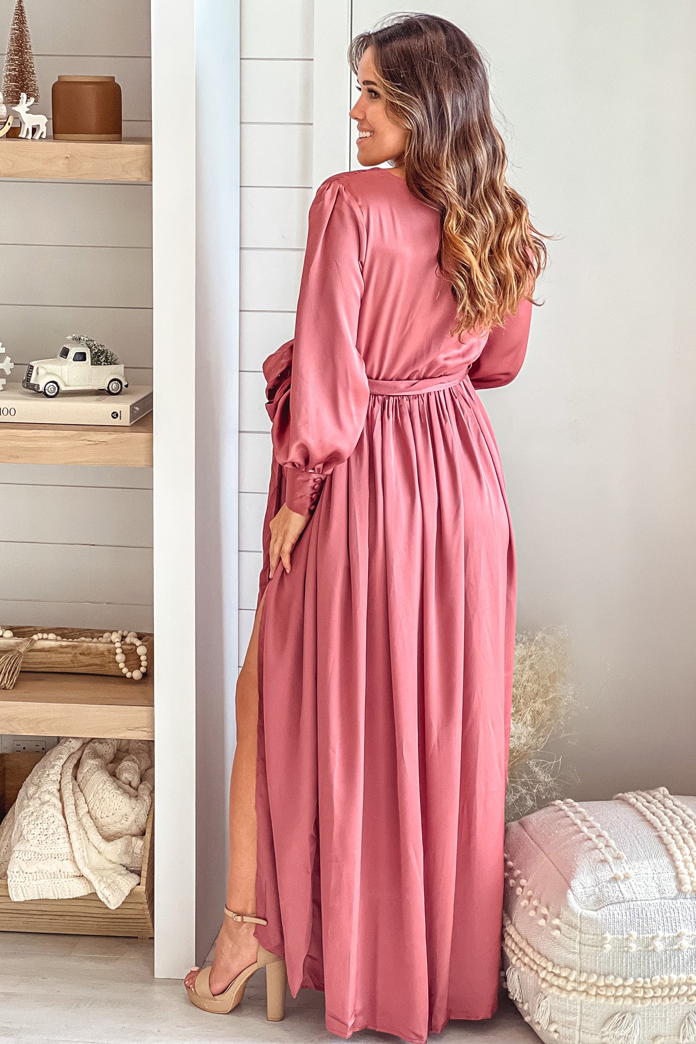 Dusty Mauve Satin Maternity Maxi Dress with Puff Sleeves